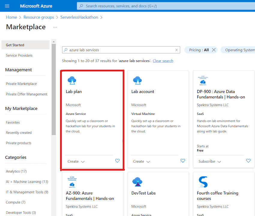 Azure Lab Services in Azure Marketplace